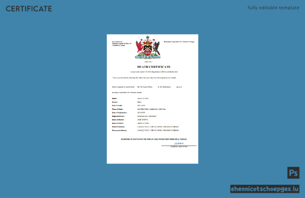 Beispielansicht einer Sterbeurkunde aus Trinidad und Tobago (Word- und PDF-Format)